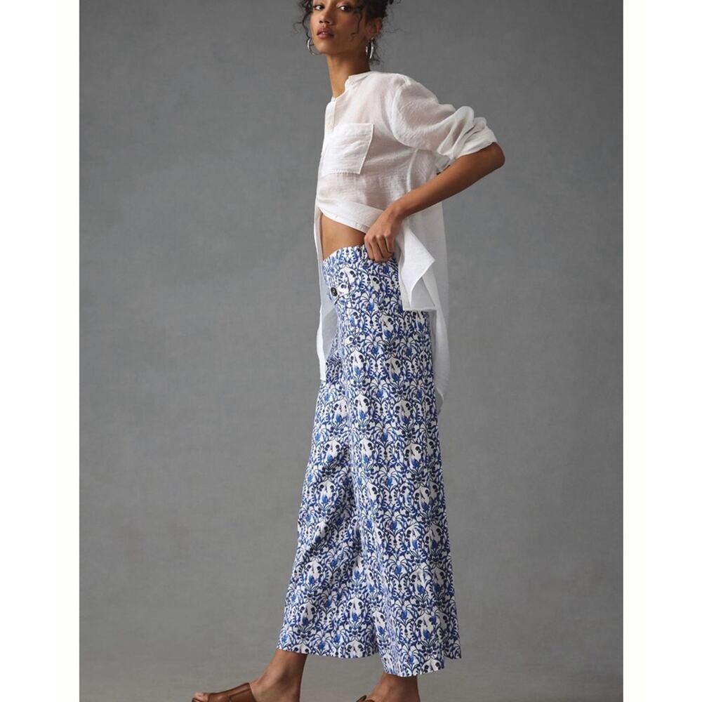 Anthropologie Maeve Linen Bird Printed Palazzo Wide Leg Pants Sz 10 Tall - Picture 3 of 9